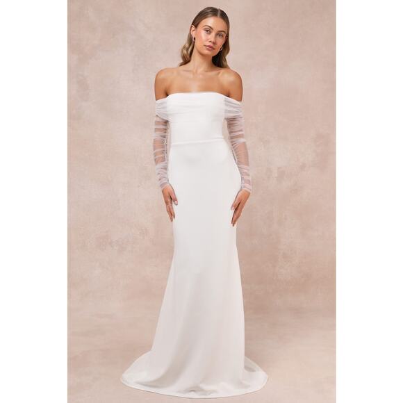 Lulus Bridal NWT Beautifully Beloved White Mesh Off-the-Shoulder Gown Maxi Dress - Picture 1 of 10